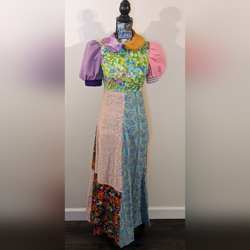 Vintage 70s Patchwork Panels Prints Vibrant Fun Maxi Dress
